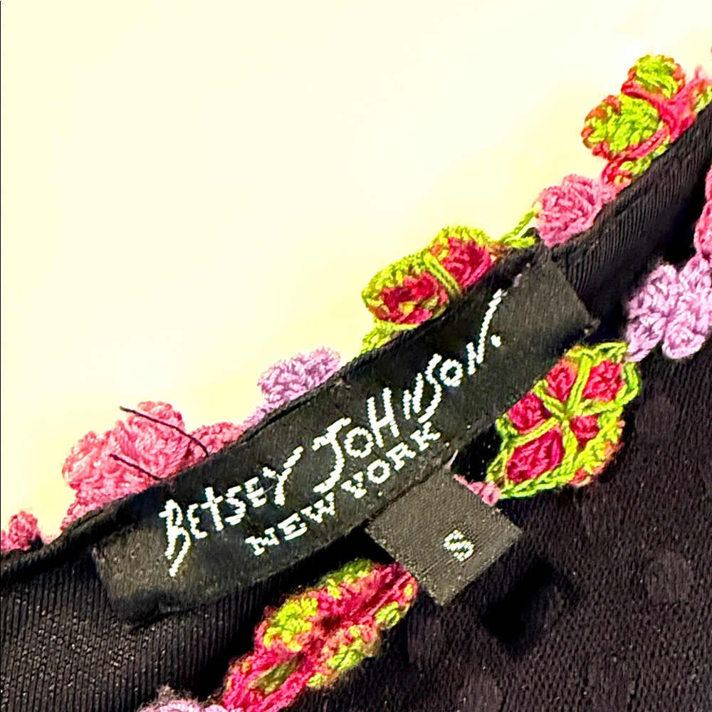 Betsey Johnson Black mini dress with Colorful Floral Trim in vintage condition